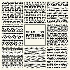 Fototapeta premium Vector set of hand drawn seamless pattern made with ink. Freehand textures for fabric, polygraphy, web design.