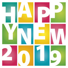 Happy New Year 2019 rectangle color letters white background