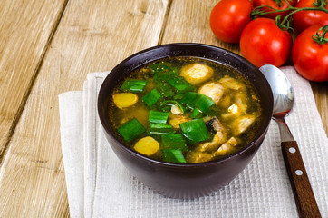 Vegetable broth with champignons and spring onions in brown bowl