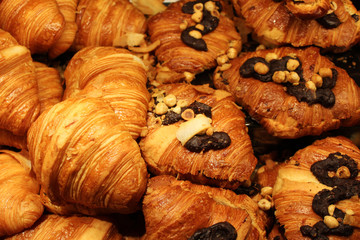 Close up of baked butter croissants with chocolate