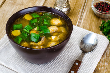 Vegetable broth with champignons and spring onions in brown bowl