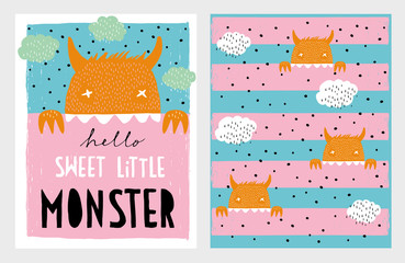 Cute Hand Drawn Vector Monster Illustration Set.Hand Written White and Black Text.Hello Sweet Little Monster.Mint Green Clouds on Blue and Pink Backround.Orange Monsters on a Blue Stripped Background.