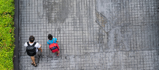 Top view of people traveling walking in the city