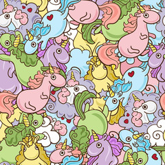 Magic Unicorn with rainbow horn and flying hearts with wings seamless pink pattern. Modern fairytale endless textures, magical repeating backgrounds. Cute baby backdrops.