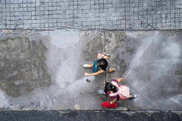 Top view of people traveling walking in the city