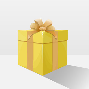 Bright yellow gift box tied with gold ribbon isolated on white background. Cartoon vector illustration.