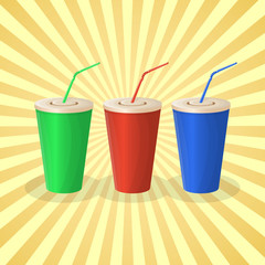 Soda cups in red, green and blue color on yellow background. The set of beverage. Graphic design elements for menu, poster, brochure. Vector illustration of fast food for snackbar, cafe or restaurant.