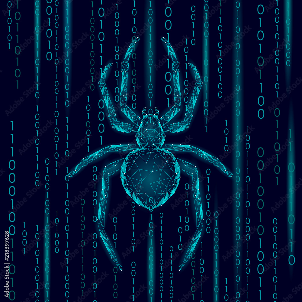 Poster low poly spider hacker attack danger. web security virus data safety antivirus concept. polygonal mo