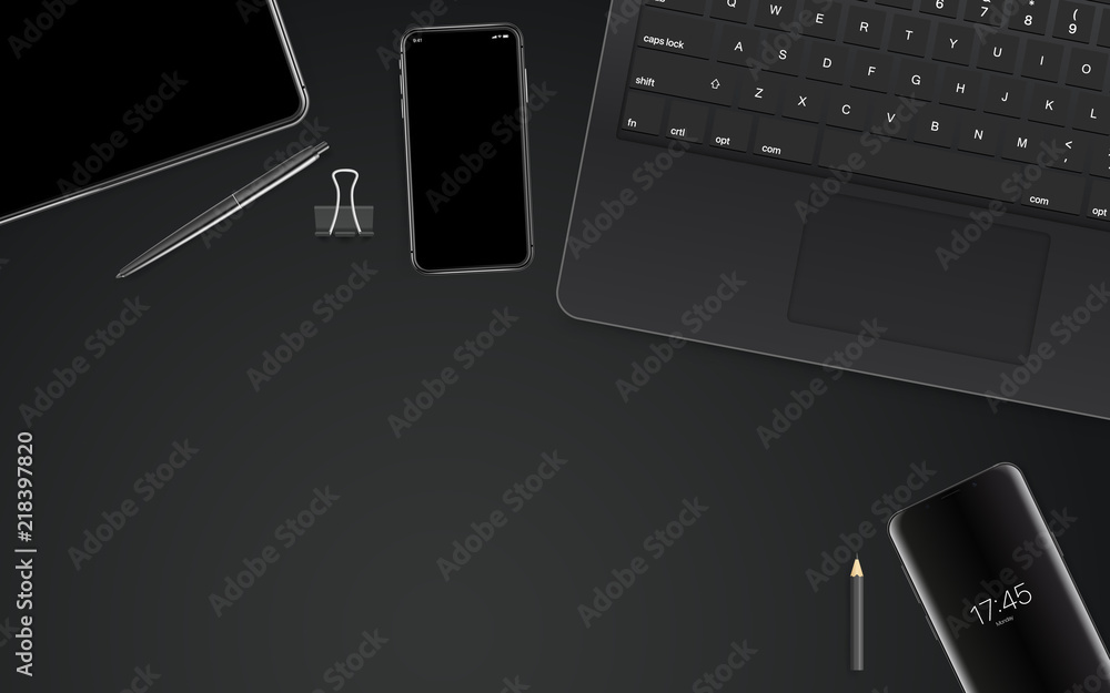 Aufkleber Black objects on black table. Different business stuff on a table. Template for a text