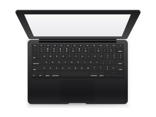 Black modern laptop vector mockup isolated on white background. Top view