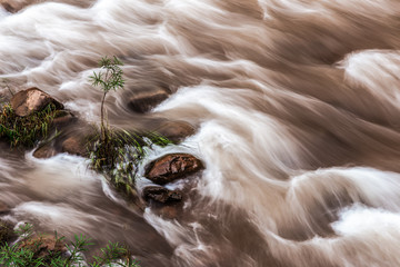 Motion stream of brown mud river from tropical rainforest in long exposure effect.