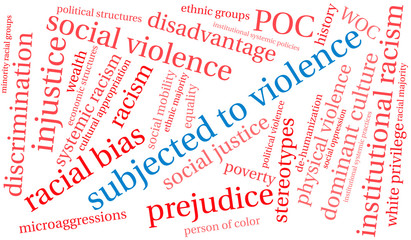 Subjected To Violence Due to Racism Word Cloud on a white background. . 
