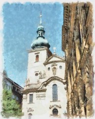 Fototapeta na wymiar Oil painting. Art print for wall decor. Acrylic artwork. Big size poster. Watercolor drawing. Modern style fine art. Czech Republic. Prague. Wonderful cityscape. Medieval historical Cathedral.