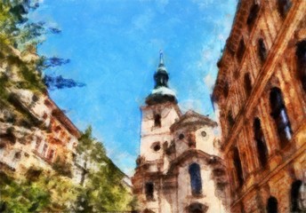 Fototapeta na wymiar Oil painting. Art print for wall decor. Acrylic artwork. Big size poster. Watercolor drawing. Modern style fine art. Czech Republic. Prague. Wonderful cityscape. Medieval historical Cathedral.