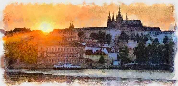Oil painting. Art print for wall decor. Acrylic artwork. Big size poster. Watercolor drawing. Modern style fine art. Czech Republic. Prague. Wonderful cityscape. Charles Bridge. Beautiful sunset.