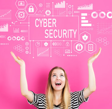 Cyber Security with young woman reaching and looking upwards