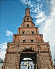 The famous Suyumbike tower in Kazan against the background of the summer sky