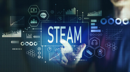 STEAM with young man pointing on a dark background