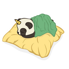 Cute panda bear character with unicorn horn sleep on pillow. Pandacorn under blanket isolated. Panda has a rest. Panda-unicorn in cartoon style flat design vector. Sleeping panda. Magic fantasy animal