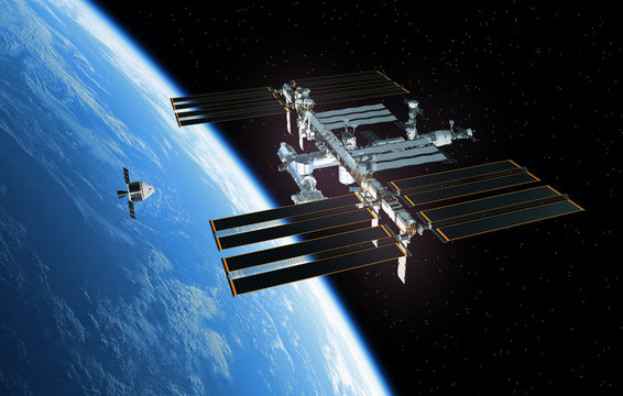Fototapeta Spaceship Is Preparing To Dock With International Space Station