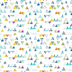 Seamless pattern with abstract geometric triangles. Watercolor spots, shapes, beautiful paint stains like cosmic nebula. Background for parties, holidays, birthdays.