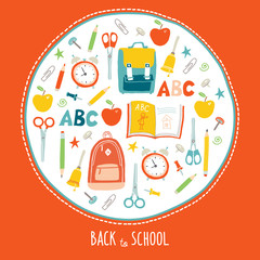 First day of school background. Card concept. Poster design. Set of funny hand drawn school icons. Vector clip art eps 10 illustration in flat style.