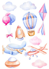 Watercolor children illustration. Rocket, airplane, air balloons, cloud on white background