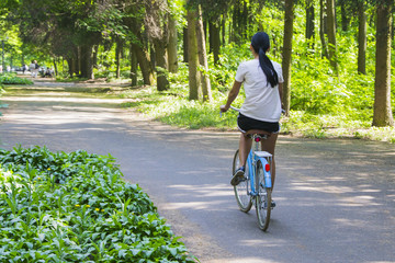 Naklejka premium Young brunette girl riding on bicycle in park alley on summer day among trees. Back view.