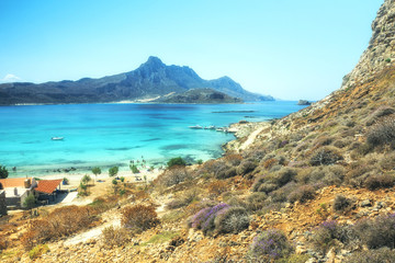 Fototapeta na wymiar Balos Lagoon Turquoise and Blue sea, view from the cliff of the island fort, Crete Island, Greece