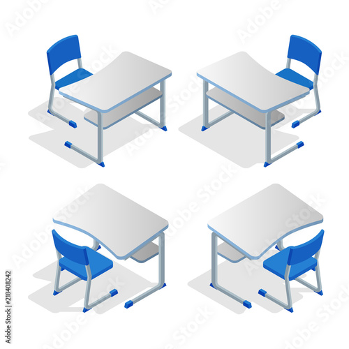Isometric Set Of School Or College Desk Table With Chair Isolated