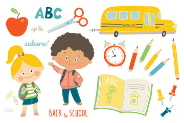 Funny hand drawn kids with backpacks. Cute boy and girl with schoolbags. Happy first day of school card design.Cartoon vector eps 10 illustration on white background in flat style