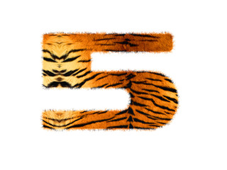 Furry text letter made of tiger skin texture. Character render isolated on white.