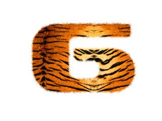 Furry text letter made of tiger skin texture. Character render isolated on white.