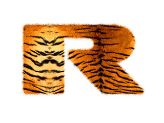 Furry text letter made of tiger skin texture. Character render isolated on white.