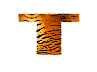 Furry text letter made of tiger skin texture. Character render isolated on white.
