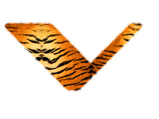 Furry text letter made of tiger skin texture. Character render isolated on white.