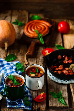 Pumpkin and chorizo soup.style rustic