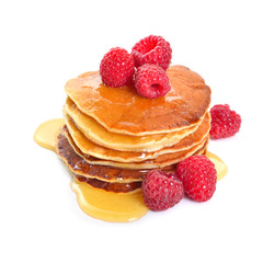 Pancakes with raspberries and honey or maple syrup. Isolated on white background