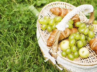 Wicker basket for picnic with green grape, apples, bottle of wine and croissants standing on green...
