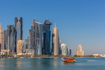 Fototapeta na wymiar DOHA, QATAR - JAN 8th 2018: The West Bay City skyline as viewed from The Grand Mosque on Jan 8th, 2018 in Doha, Qatar. The West Bay is considered as one of the most prominent districts of Doha