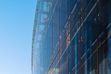 Glass Curtain Facade Wall. Fasteners Elements of Spider Glass System. Facade Detail. Architecture Abstract Background.