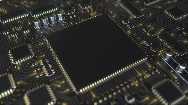 Black chip on a circuit board conceptual loopable 3D animation