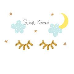 Cute kids print with slogan and gold glitter eyelashes. Vector hand drawn illustration.