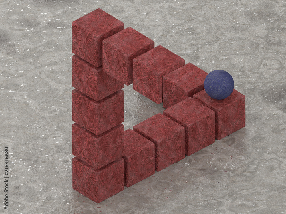 Aufkleber image of impossible triangle made up of stone cubes of red color with a blue sphere on a background 
