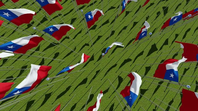Chile Flags blowing in the wind in green field, view from above. 3d rendering animation