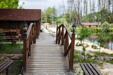 old wooden bridge in deep forest, natural vintage background