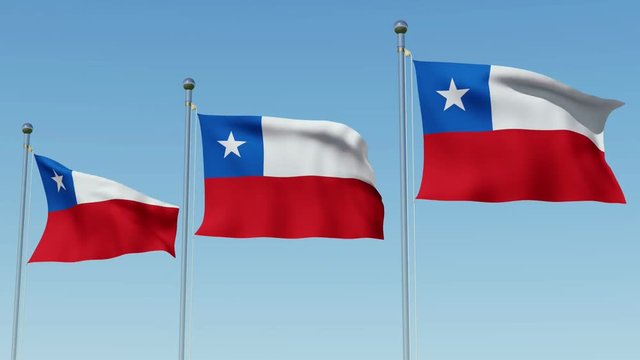 Three Chile Flags blowing in the wind against blue sky. Three dimensional rendering animation.