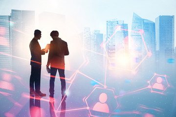 Businessmen talking in blue city, hr network