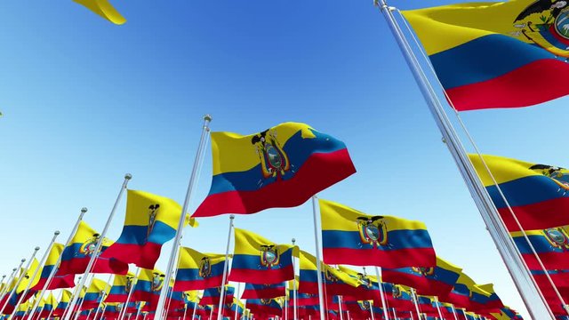 3d flags of Ecuador waving in the wind against blue sky. Three dimensional rendering animation.