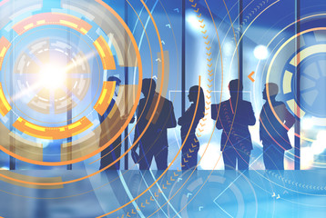 Business team members night office, gui interface